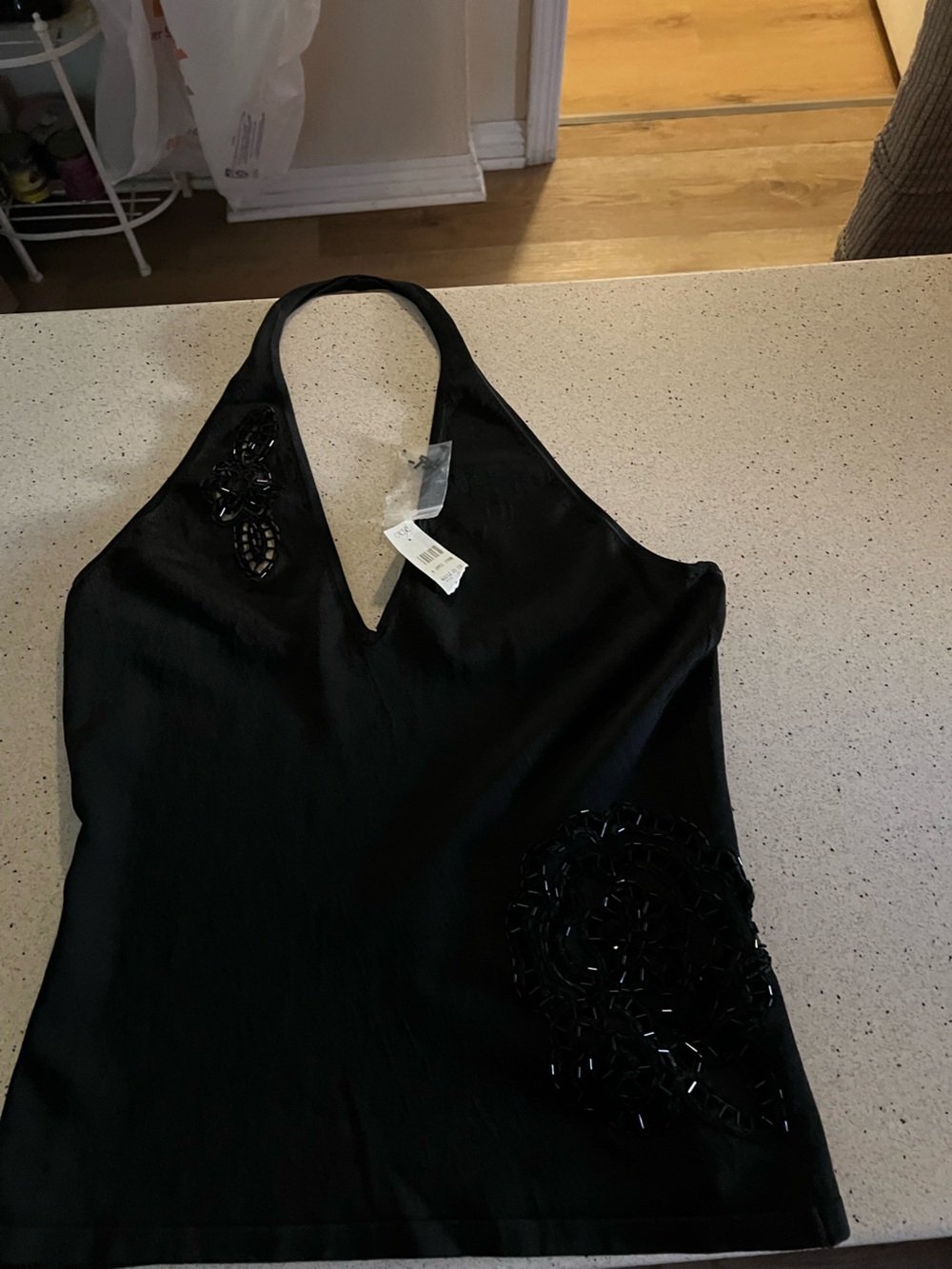 Cache Black Strapless Evening Dress with Bead Appliqué